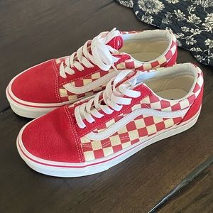 Red and white checkered old skool vans